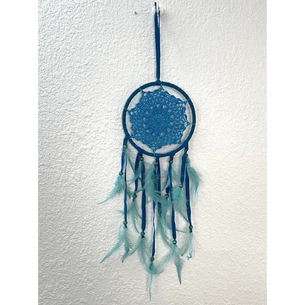 Bohemian 26" Blue Aqua Macrame Velvet Feather Bead Wall Hanging DREAMCATCHER EUC